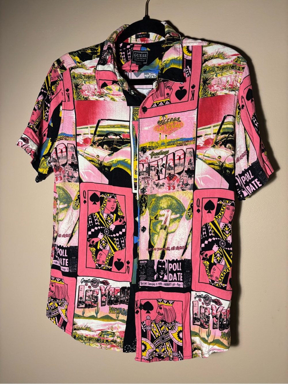 Guess Men’s Pink Graphic Button-Down Shirt with Black & Yellow Accents